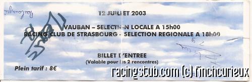 Billet de la rencontre Racing - Sélection régionale le 12 juillet 2003